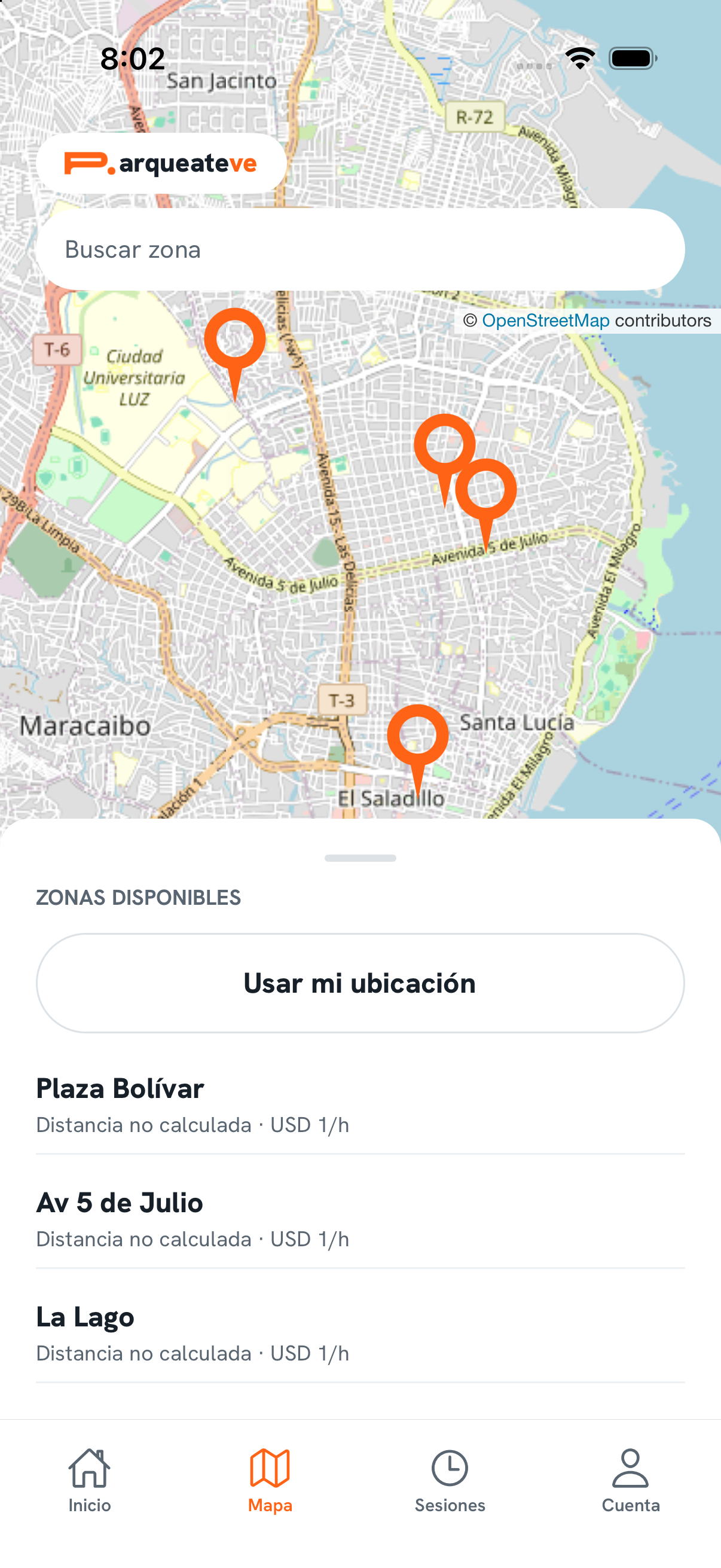 Captura real del mapa de parquéate